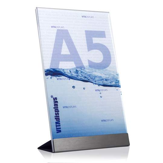 Werbeaufsteller aus PLEXIGLAS® mit Edelstahl-Basis A5 | Hochformat