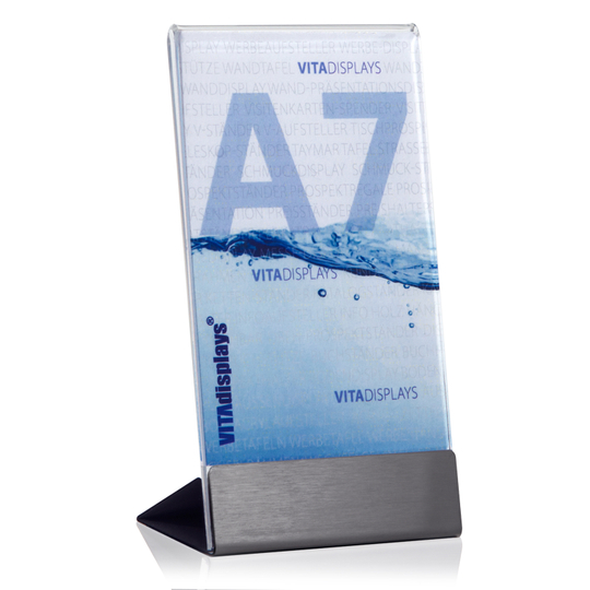 Werbeaufsteller aus PLEXIGLAS® mit Edelstahl-Basis A7 | Hochformat