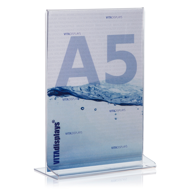 Tischaufsteller T-Ständer SOLUM aus PLEXGLAS® Hochformat A5