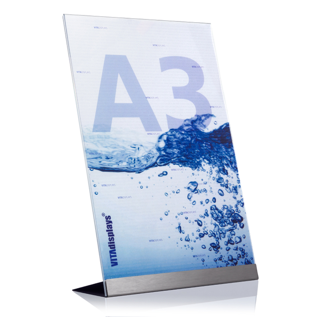 Werbeaufsteller aus PLEXIGLAS® mit Edelstahl-Basis A3 | Hochformat