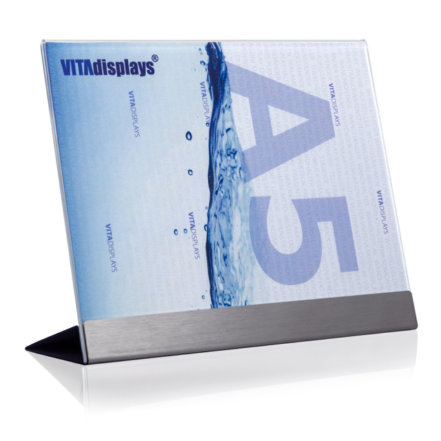 Werbeaufsteller aus PLEXIGLAS® mit Edelstahl-Basis A5 | Querformat