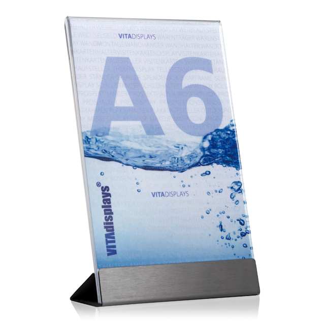 Werbeaufsteller aus PLEXIGLAS® mit Edelstahl-Basis A6 | Hochformat