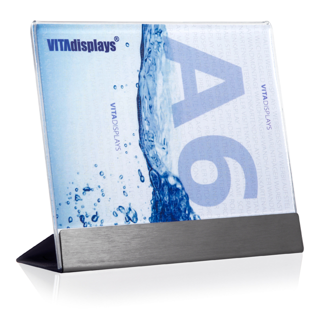 Werbeaufsteller aus PLEXIGLAS® mit Edelstahl-Basis A6 | Querformat