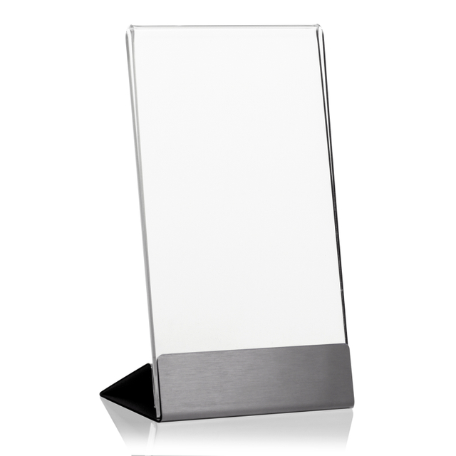 Werbeaufsteller aus PLEXIGLAS® mit Edelstahl-Basis DIN Lang | Hochformat