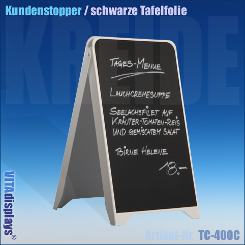 Kundenstopper aus Kunststoff 88 x 50 cm Hochformat weiß mit Tafelfolie