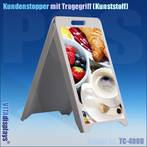 Kundenstopper aus Kunststoff 88 x 50 cm Hochformat weiß mit Tragegriff