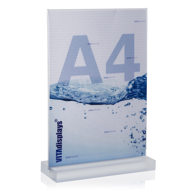 Tischaufsteller mit satiniertem Acrylblock aus PLEXIGLAS® A4 | Hochformat