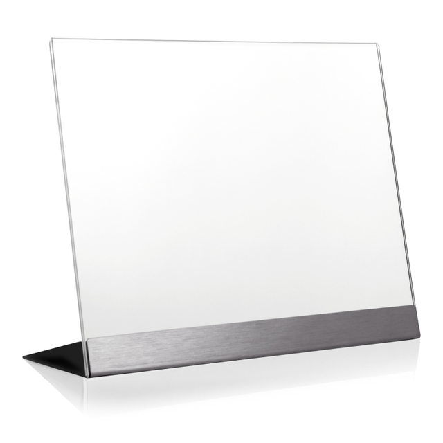 Werbeaufsteller aus PLEXIGLAS® mit Edelstahl-Basis A4 | Querformat