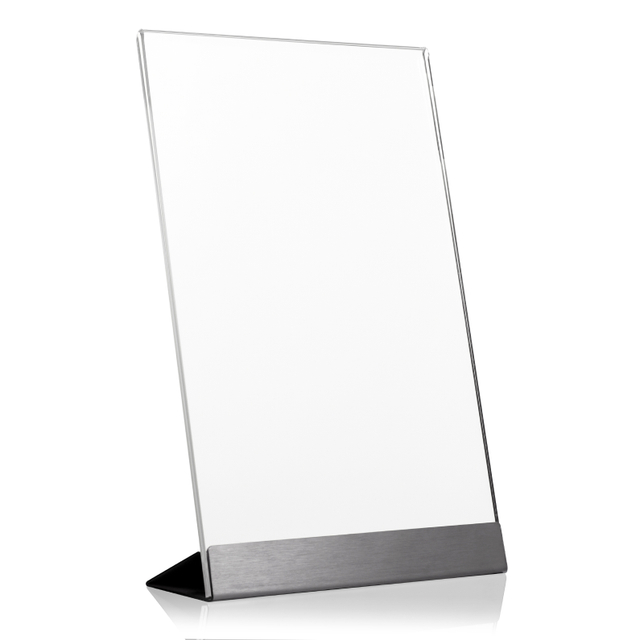 Werbeaufsteller aus PLEXIGLAS® mit Edelstahl-Basis A5 | Hochformat
