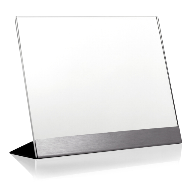 Werbeaufsteller aus PLEXIGLAS® mit Edelstahl-Basis A5 | Querformat