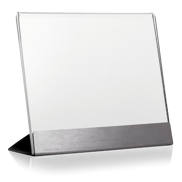 Werbeaufsteller aus PLEXIGLAS® mit Edelstahl-Basis A6 | Querformat