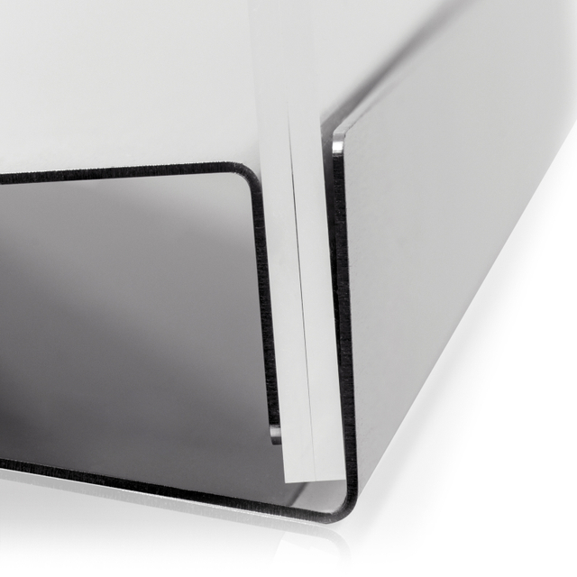 Werbeaufsteller aus PLEXIGLAS® mit Edelstahl-Basis A6 | Querformat